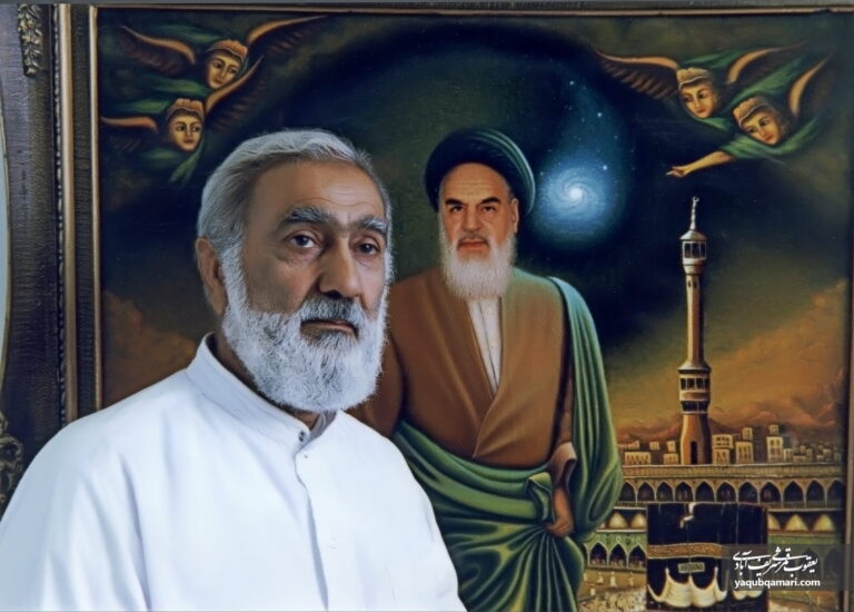 پرتره استاد کنار تابلو معراج نور- 1375- 57 سالگی;