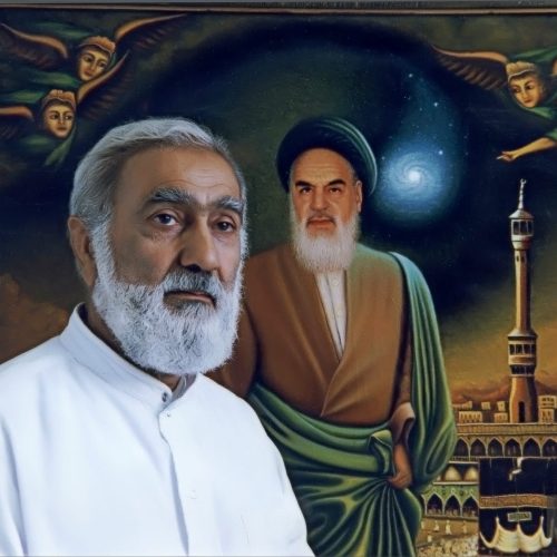 پرتره استاد کنار تابلو معراج نور- 1375- 57 سالگی;