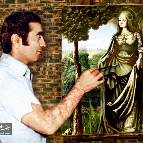 استاد در حال ترسیم تابلوی بهشت مریم - 1352- 34 سالگی